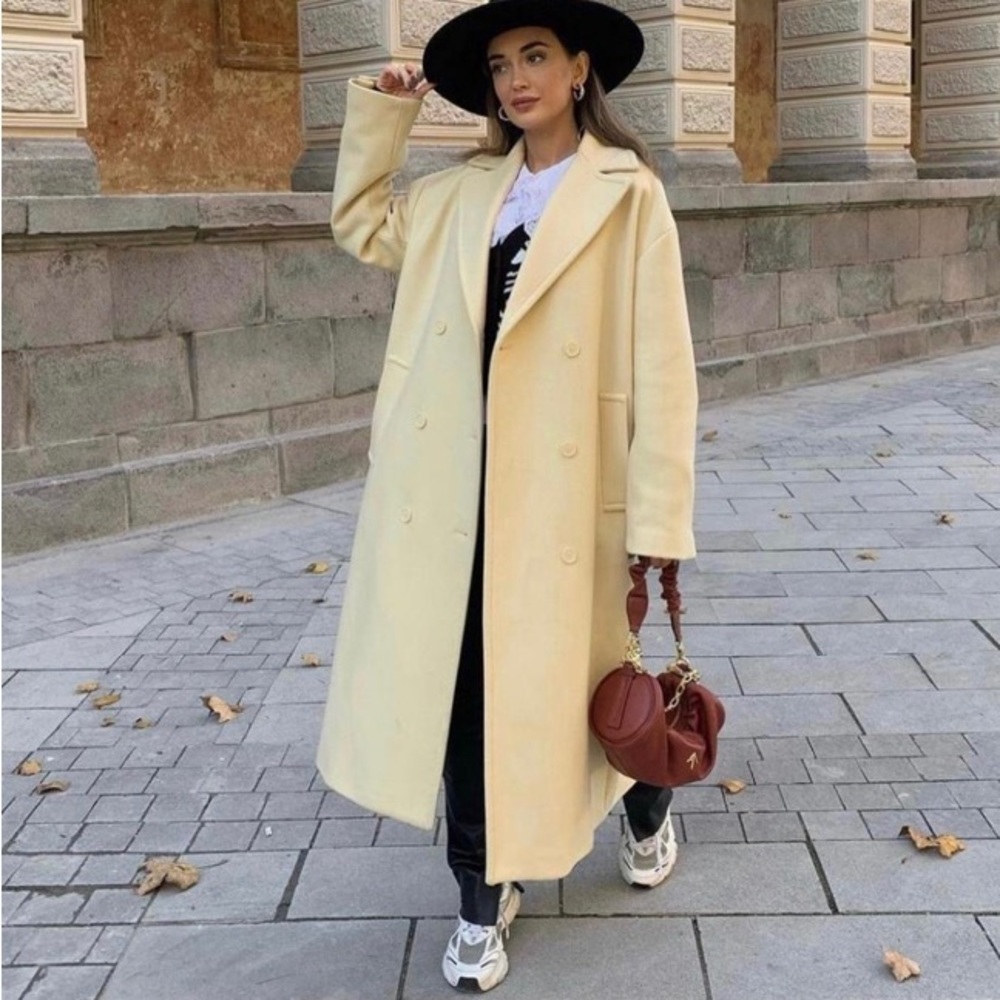 ZARA Cream Yellow Manteco Wool Oversized Double Breasted Coat M Pastel Yellow